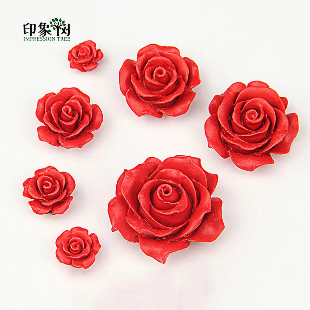 50pcs 3D Rose Flower Cinnabar Resin Beads Red Carved Loose Spacers Beading 10mm