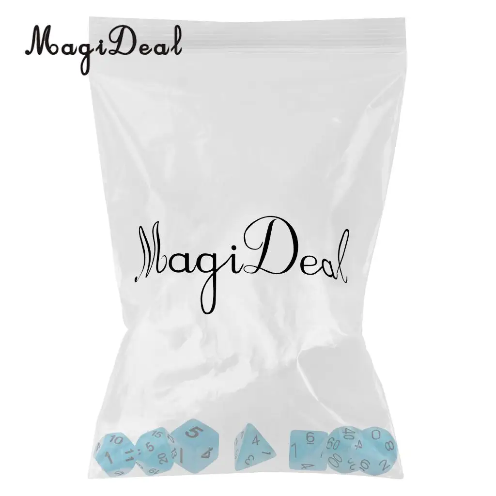 MagiDeal 7Pcs Acrylic Glow in Dark Dice D4 D6 D8 D10 D12 D20 D&D RPG Game Set for Funny Family Party Pub Board Games Accessory