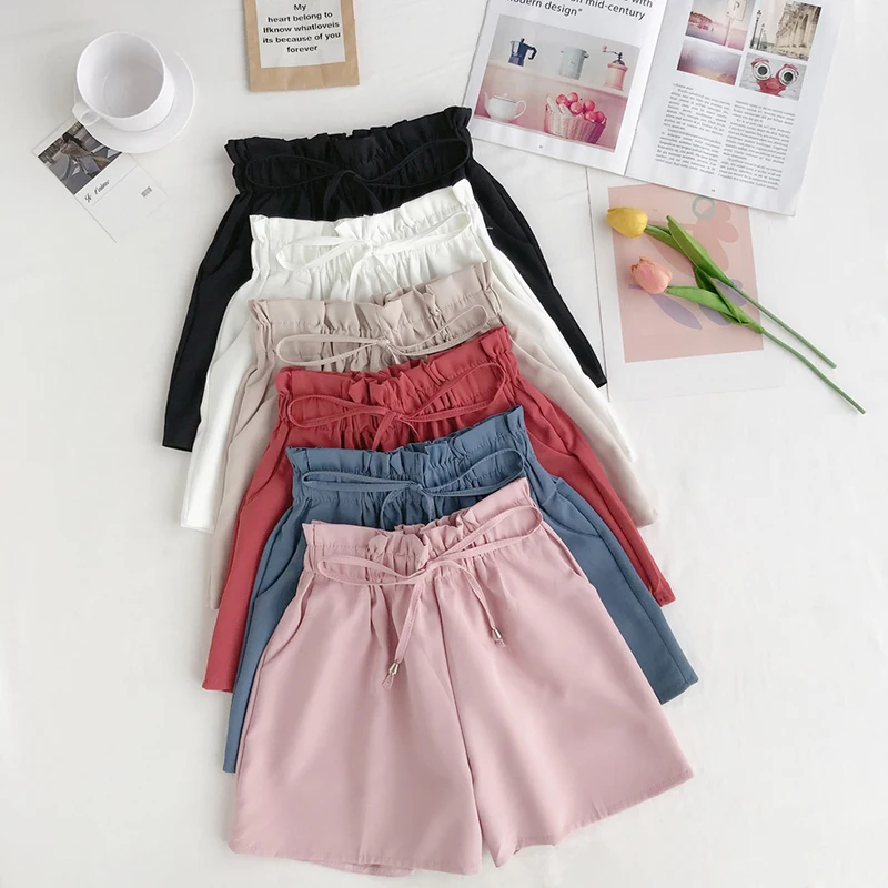

2019 New Summer Fashion Elastic Sashes High Waist Shorts Women Vintage Wide Leg shorts Solid Thin Bow Female Shorts Korean Style