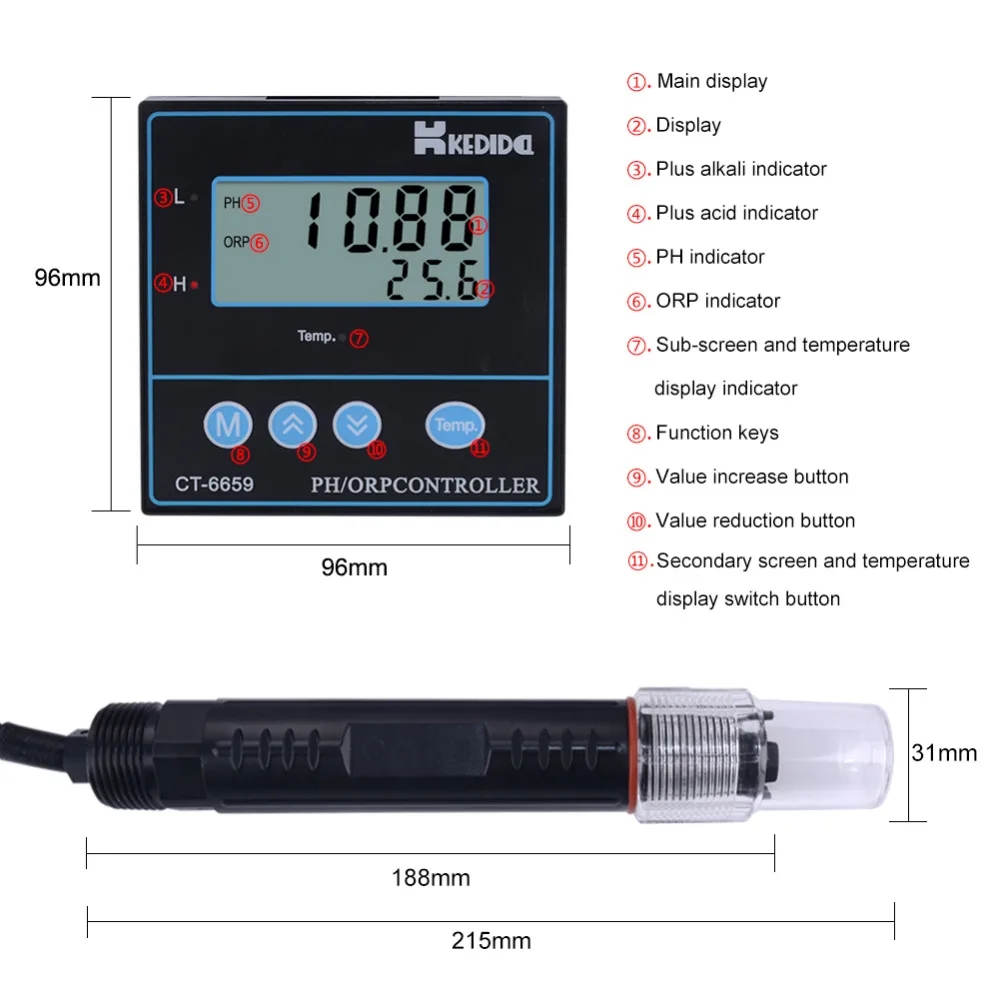 CT-6659 двойной четырехзначный светодиодный индикатор высокой и низкой lcd Цифровой PH/ОВП контроллер Настольный прецизионный промышленный PH тестер 0~ 14PH