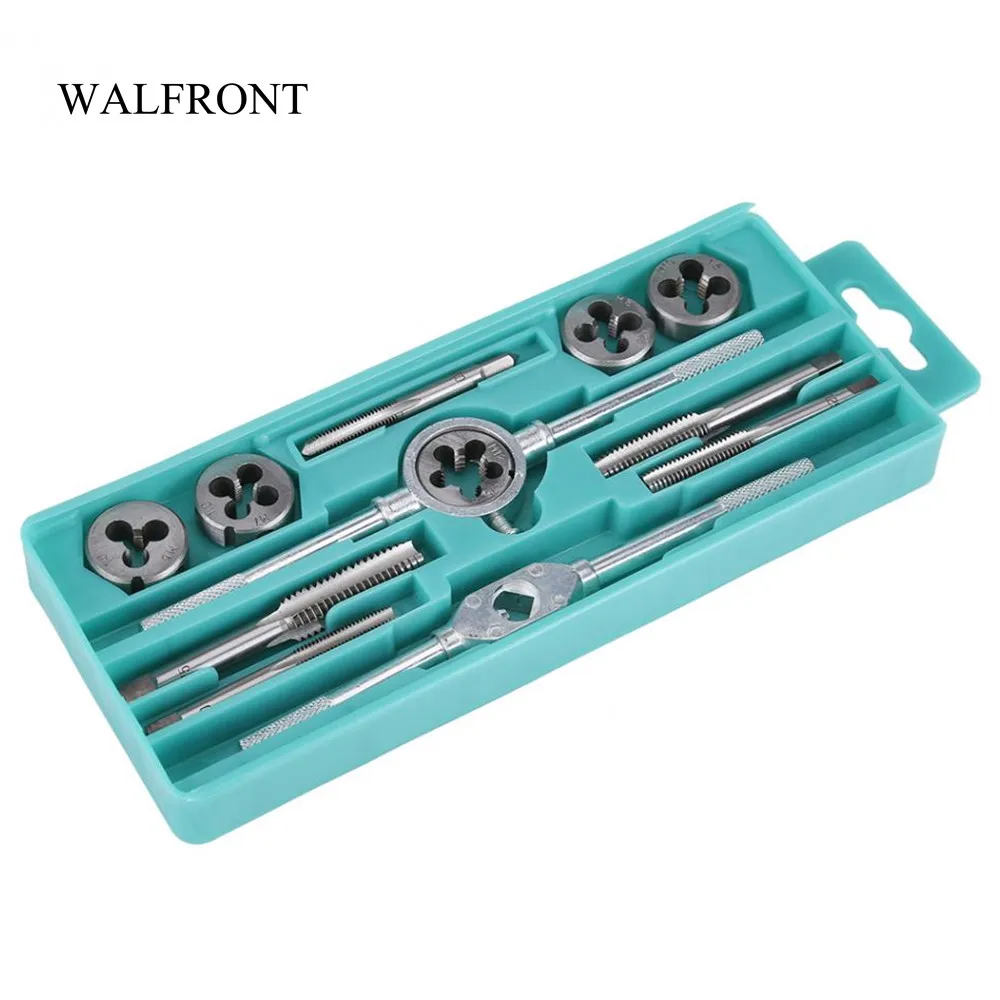 

WALFRONT 12pcs/Box Tap and Die Set M6-M12 Screw Nut Thread Gauge Tapping Tool Die Handle Wrench Hand Tools Kit Repair Tools Set