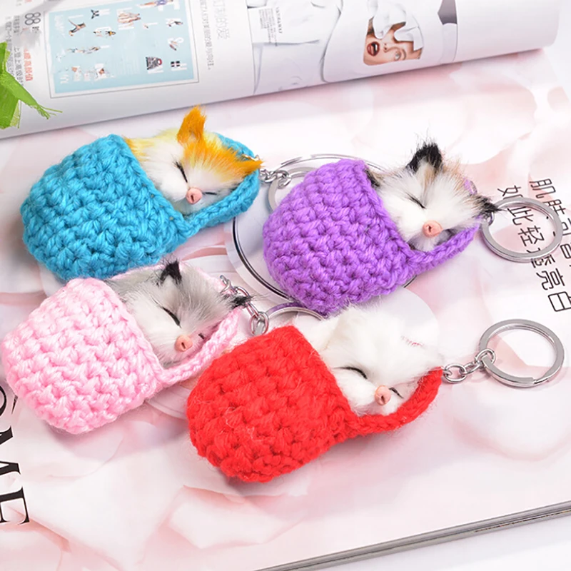 

Cute Sleeping Cat Pompom Keychains On Bag Charms Faux Rabbit Fur Key Chain For Women Handmade Shoes Kitten Car Key Rings
