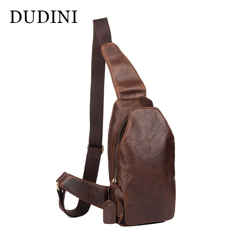 DUDINI Single Belt Genuine Leather Mens Chest Pack Cowhide Shoulder Bag For Mens Messager Bags