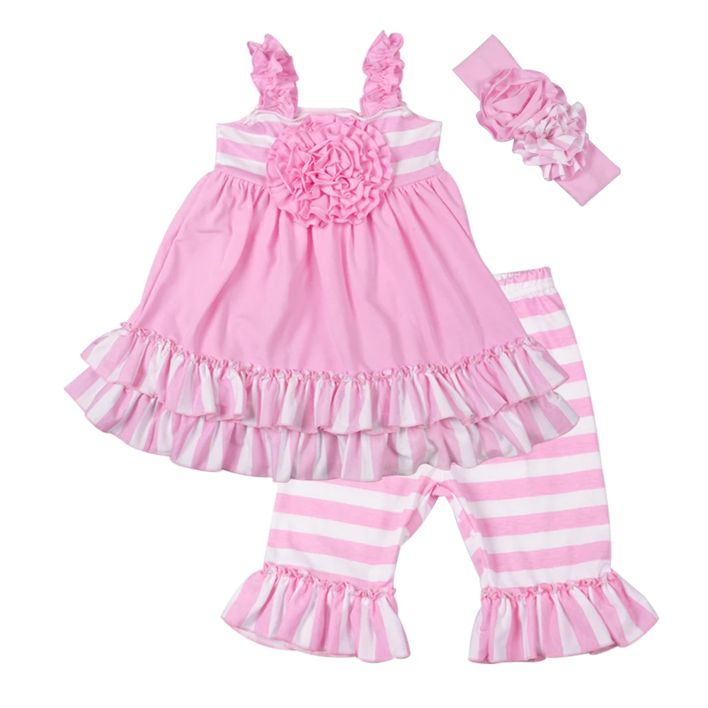 Factory-Selling-Girls-Summer-Remake-Clothing-Sets-Sleeveless-Top-Design-Stripes-Capris-Children-s-Ruffle-Sets