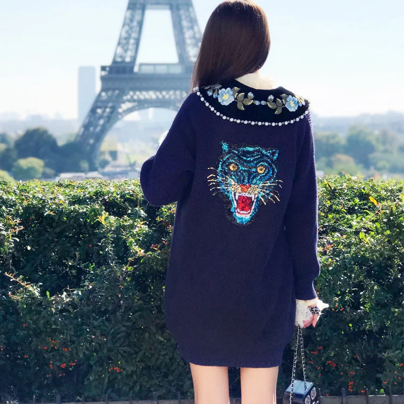 Poissons De Long 2018 Paillettes Et Pull Lâche Haute Bleu Tigre Foncé Tête Fleurs Épais Perles Cardigans Qualité Broderie Femmes gq7qS0E