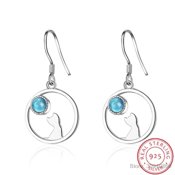 

Authentic Real 100% 925 Sterling Silver fine Jewelry glaze &Kitten Cat into the Open Lucky Circle Dangle Hook earrings