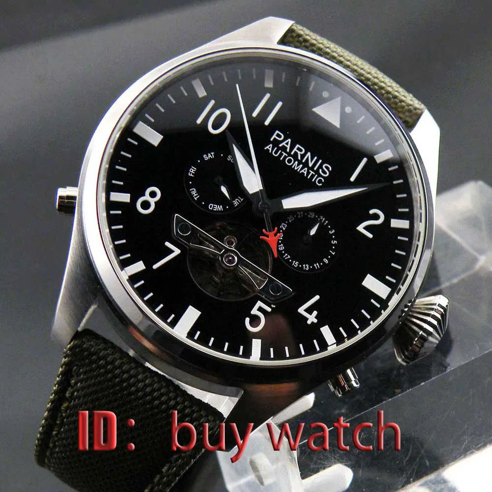 

48mm parnis black dial week date stainless steel automatic mens wrist watch 180