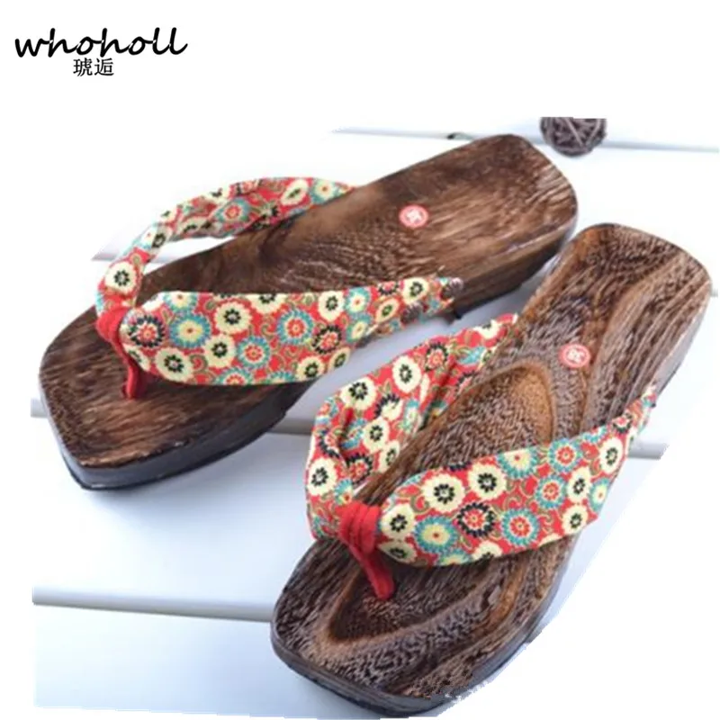 Whoholl Geta Summer Sandals Women Wedges Flip Flops Sandals Wooden Clogs Shoes Indoor Bathroom