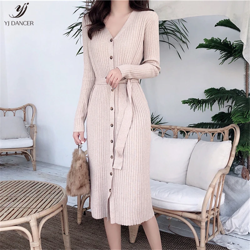 

2019 Fashion New Retro Wind Tie Waist Slim Step Pure Color Temperament V-Neck Long-Sleeved Knit Dress Female H00369