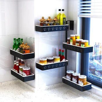 

Kitchen Shelf Black Corner Rotating Condiment Rack Hole-free Wall Hanging Multi-function Shelf Saving Space