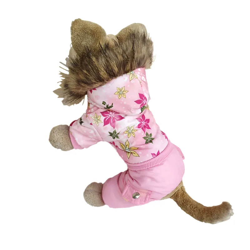 Одежда для собак с цветочным узором, теплая куртка, пальто для маленьких собак, ветровка, пальто для собак, толстое хлопковое пальто с капюшоном для чихуахуа