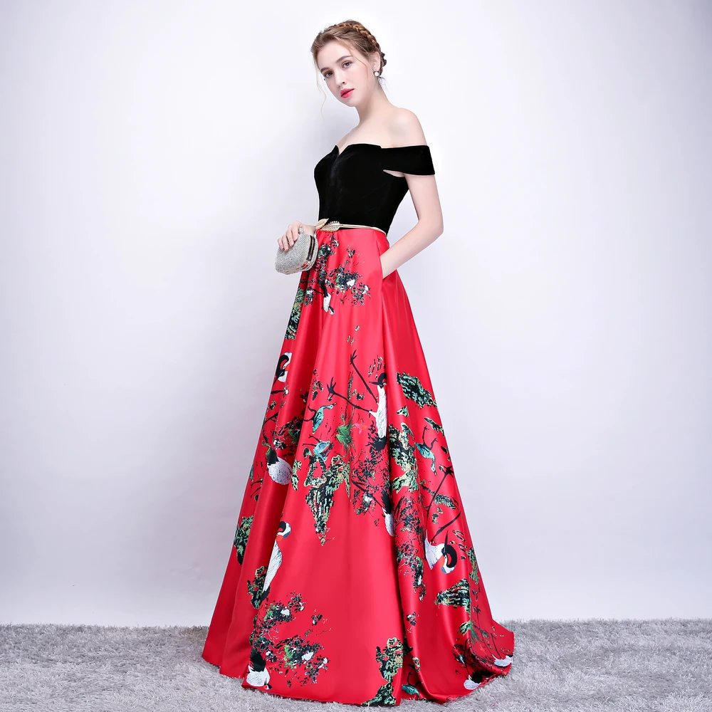 2018 New Flower Pattern Evening Dress Long Vintage Prom Party Dresses Evening Gown Women Formal Occasion Dress