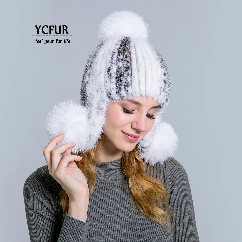 YC Fur шапки-бомберы для женщин шьют полосы норки меховые шапки головные уборы с ушками протектор лисий мех Poms шапочка шапка женская шапка зима