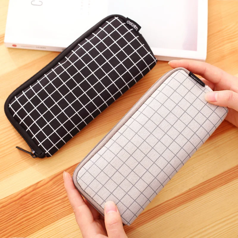 

Multifunctional Large Capacity Students Stationery Bag Small Fresh Simple Pencil Box Containing Plaid Canvas Pencil Pouch
