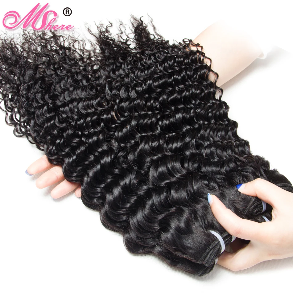 Mshere 4PCS/LOT Peruvian Deep Curly Wave 3 Bundles With Closure Non Remy Hair Free Part Lace Closure With Human Hair Bundles 1B#