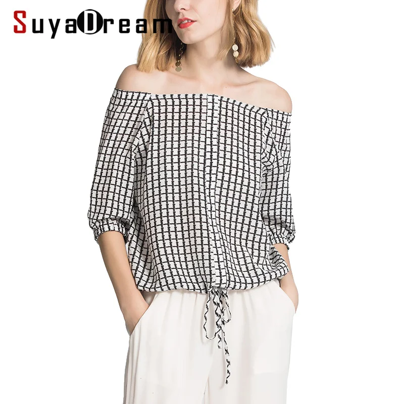 

Women Silk T Shirt 100%Silk Crepe Plaid Printed T shirt Half Sleeved Slash Neck Silk Top 2019 New Summer Print Shirt