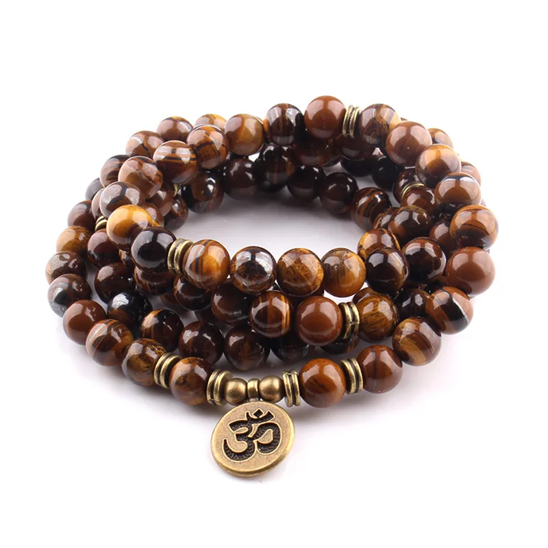 

108 Tiger Eye mala beads with Lotus OM Buddhist Charm yoga bracelet for women Natural stone jewelry dropshipping