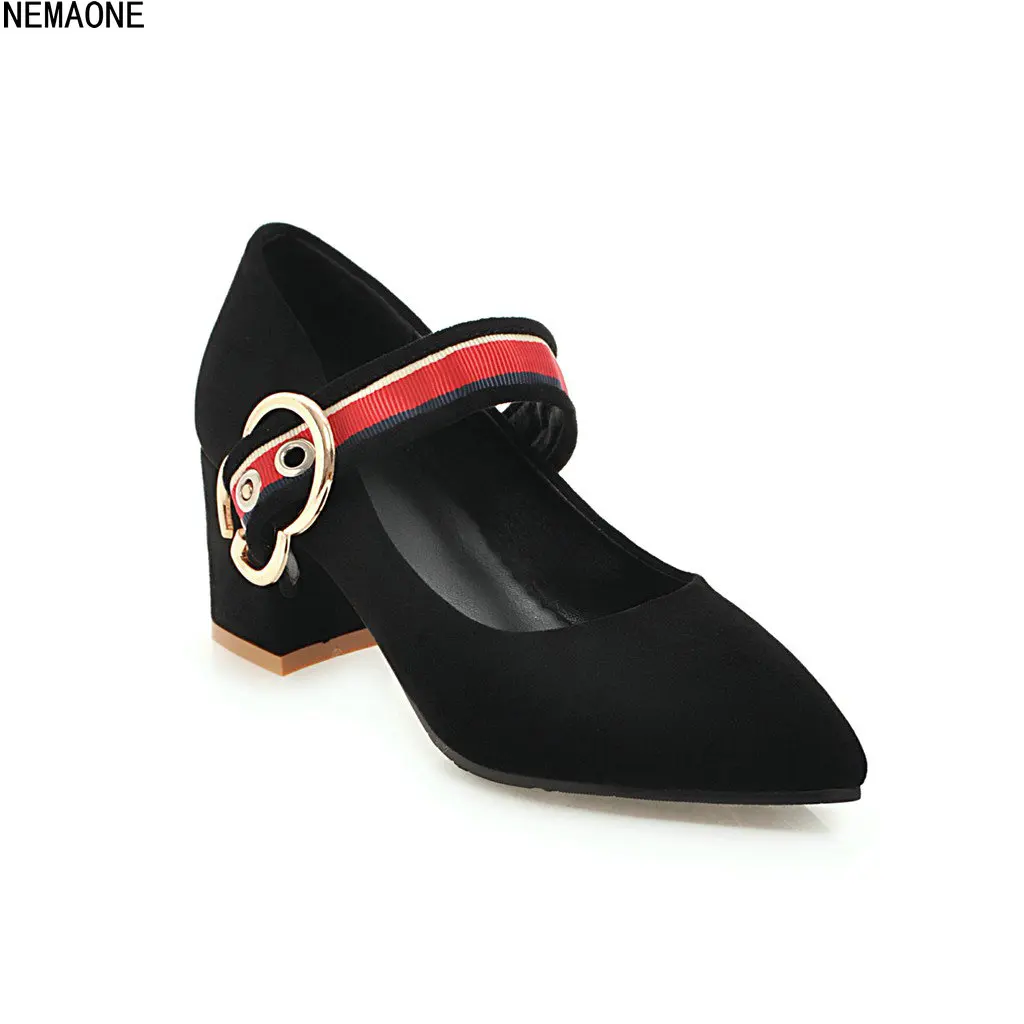 

NEMAONE 2018 New High heels Square heel Pointed Toe shoes Spring Autumn Women pumps Buckle Pure color Size 34-43