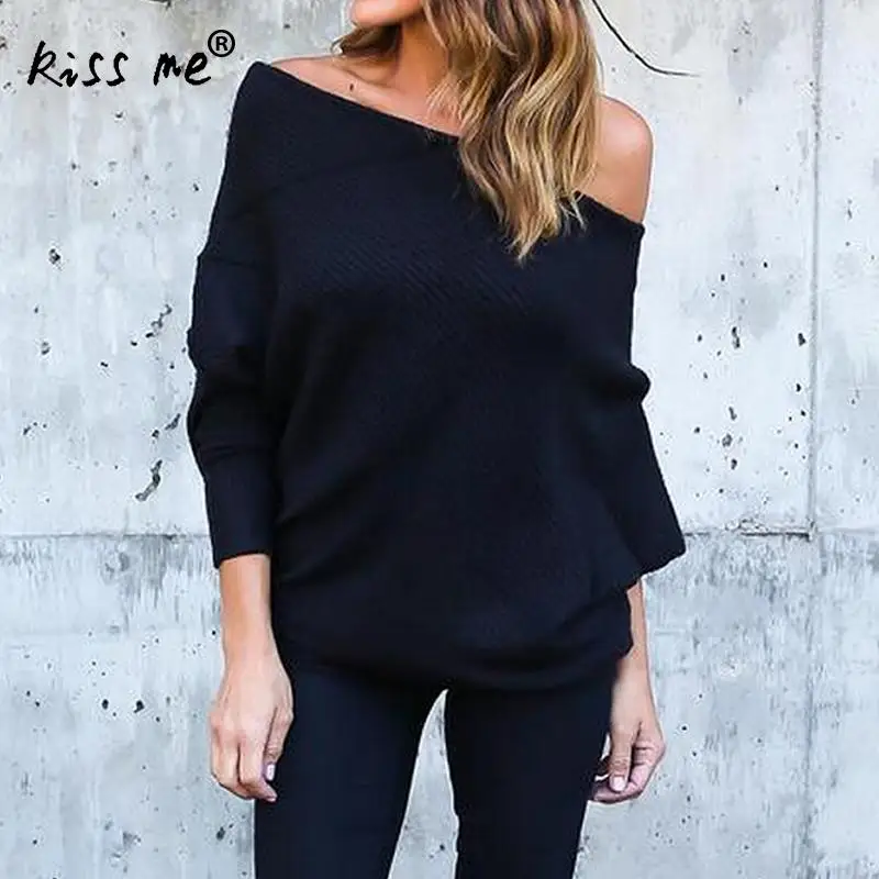 Cheaper Women Knitted Sweater New Autumn Winter Tops Long Batwing Sleeve Knit Off Shoulder Jumper Pullovers XL Solid | Женская одежда