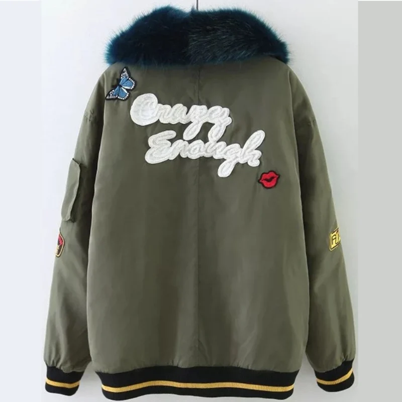 Printemps Bomber De Tops Armée Femme gris Militaire Col Coton Hiver Faux Brodé Veste Noir Fourrure Patch vert Vert Argent Outwear Heyouthoney 41Iwq8