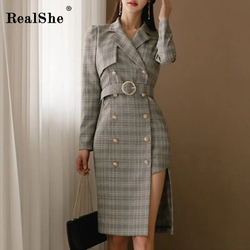 

Realshe 2019 Women Dress Ladies Lapel Long Sleeve Sashes Buttons Suit Dress Women Spring Casual Asymmetrical Knee-length Dresses