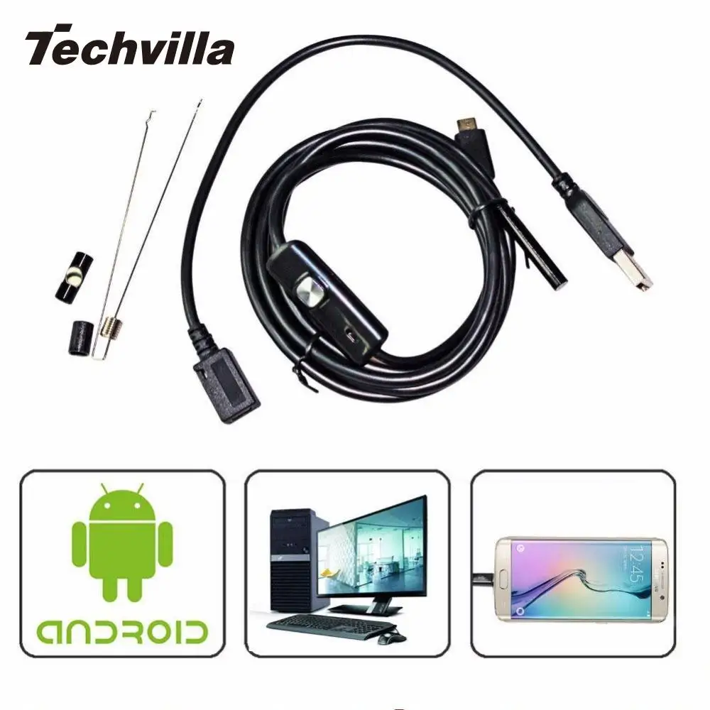 Techvilla 7 мм эндоскопа Водонепроницаемый IP67 Android USB инспекции бороскоп 6LED Tube Snake Мини