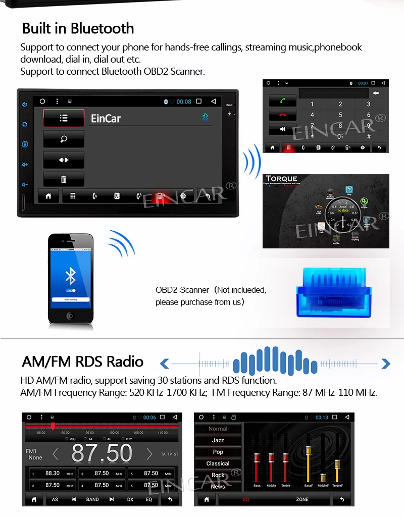 Best 2 Din Touchscreen Andorid 6.0 Bluetooth Handsfree Calling LCD Monitor USB/Micro AM FM Radio RCA AUX Input Backup Camera Included 6