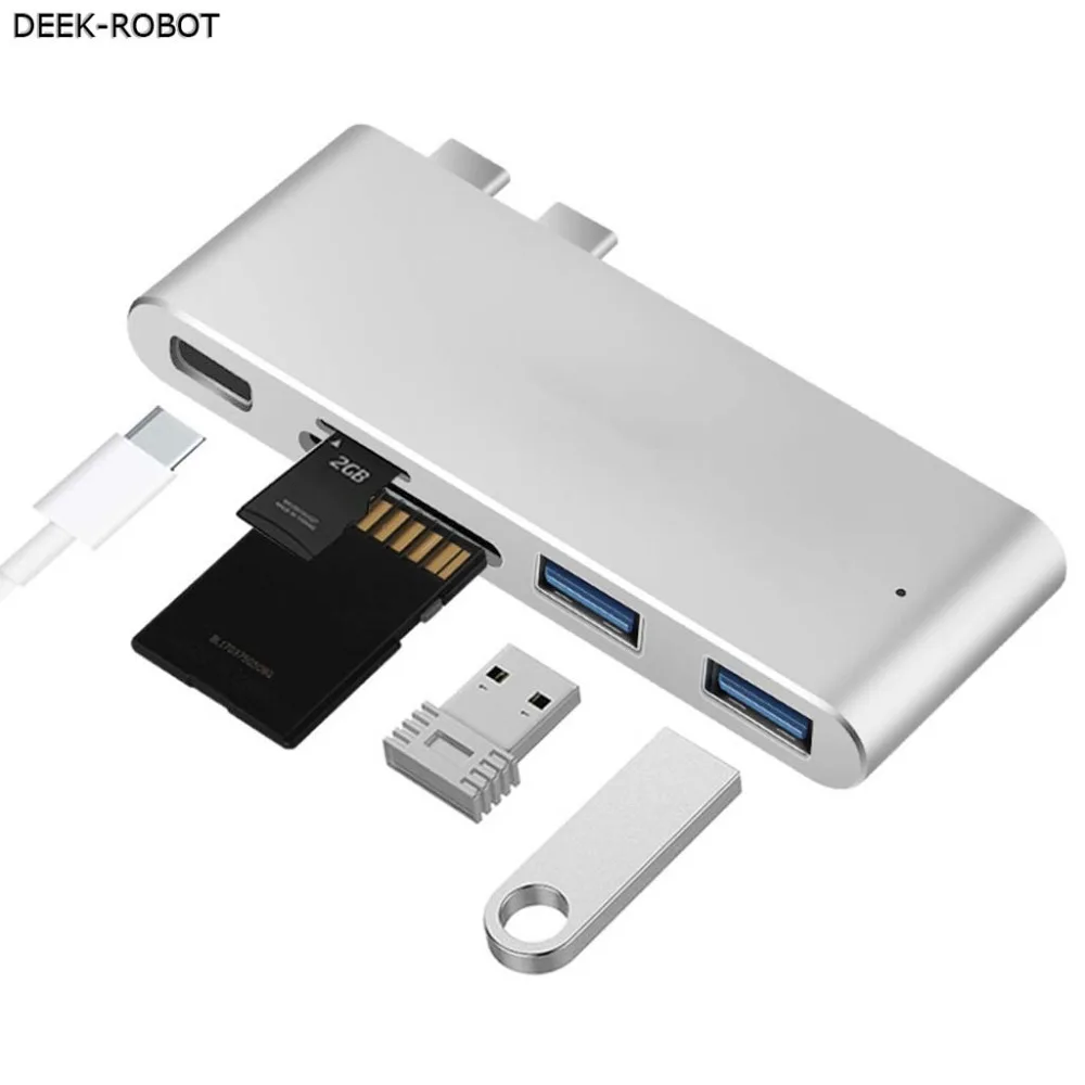 

DEEK-ROBOT Aluminium Portable 2USB 3.0 Hub TF SD Card Reader Type C Hub Thunderbolt 3 for MacBook Pro 13" 15"