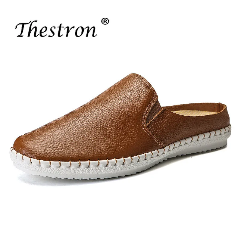 Thestron Summer Handmade Men Shoes Brand Designer Slip On Youth Casual Shoes Fashion Sneakers Genuine Leather Mens Half Slippers