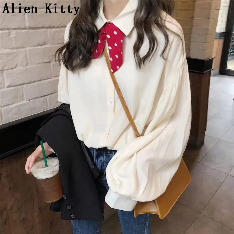 

Alien Kitty Puff Sleeves Bows Elegant 2019 Female Single Breasted Casual Shirts New Style Fresh Loose Shirt Spring Sweet Free