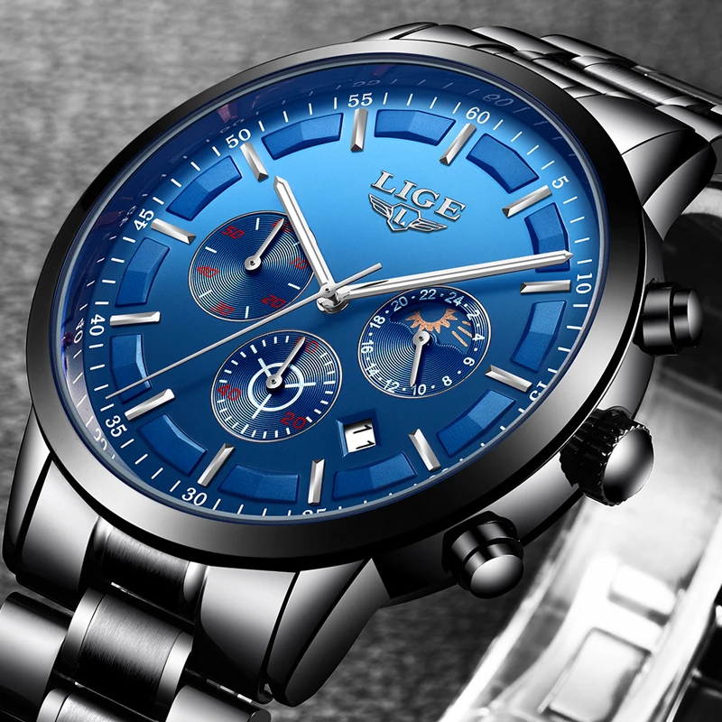 Mens Watches Moon Phase 2018 LIGE Chronograph Top Brand Luxury Fashion Mens Steel Military Waterproof Sport Quartz Watch relogio