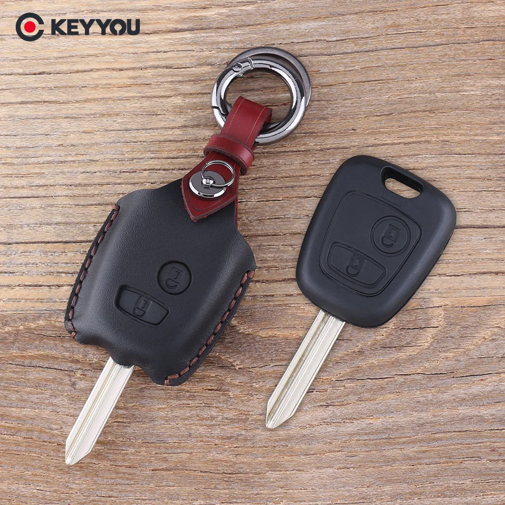 

KEYYOU Leather Key Shell Fob For Peugeot Partner Expert Boxer SX9 Car Keys Cover Keychain Case 2 Buttons Cover