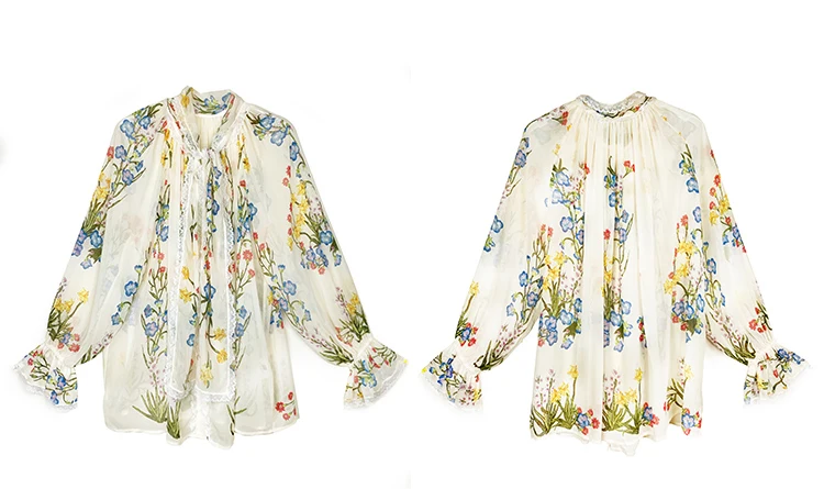 Распродажа! Милые женские шифоновые рубашки с цветочным принтом, высокое качество, лето, кружевные лоскутные Блузы с длинным рукавом и бантом, 3153