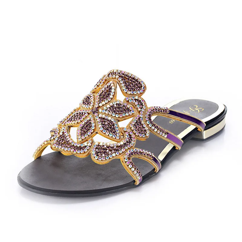 

High quality Rhinestone Flat Shoes New 2016 Summer Sandals Women Leather Thick Heel Clip Toe Loafers Female Shoes Thong Sandals