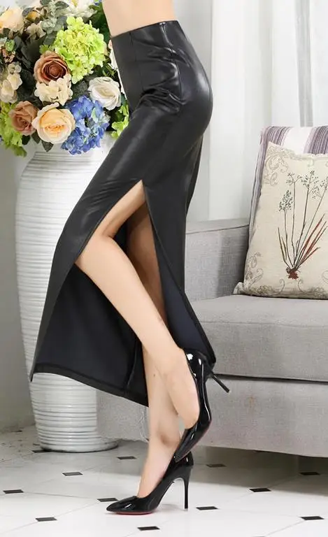 Новые ПУ длинные юбки для дам Высокая талия карандаш лодыжки длина Сплит юбка - Цвет: Многоцветный