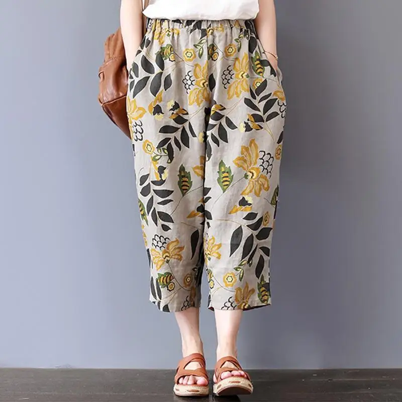 ZANZEA женские шаровары летние винтажные брюки с принтом осенние льняные Панталоны женские брюки в горошек уличная одежда размера плюс - Цвет: Gray Flower