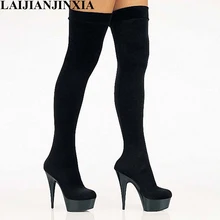 LAIJIANJINXIA/женские пикантные сапоги до колена; большие размеры; обувь на высоком каблуке 15 см; обувь для танцев выше колена; 6 дюймов