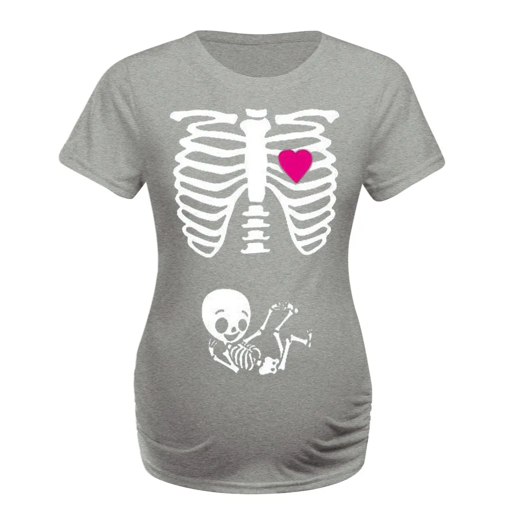 Новая мода для беременных женская одежда с коротким рукавом Топ милый Скелет принт блузка Футболка для беременных П - Цвет: Серый