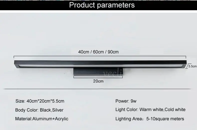 Современный 40 см длинный алюминиевый светодиодный настенный светильник для гостиной, ванной комнаты, как декоративное бра, светодиодный зеркальный светильник, 90-260 В, lamparas bra