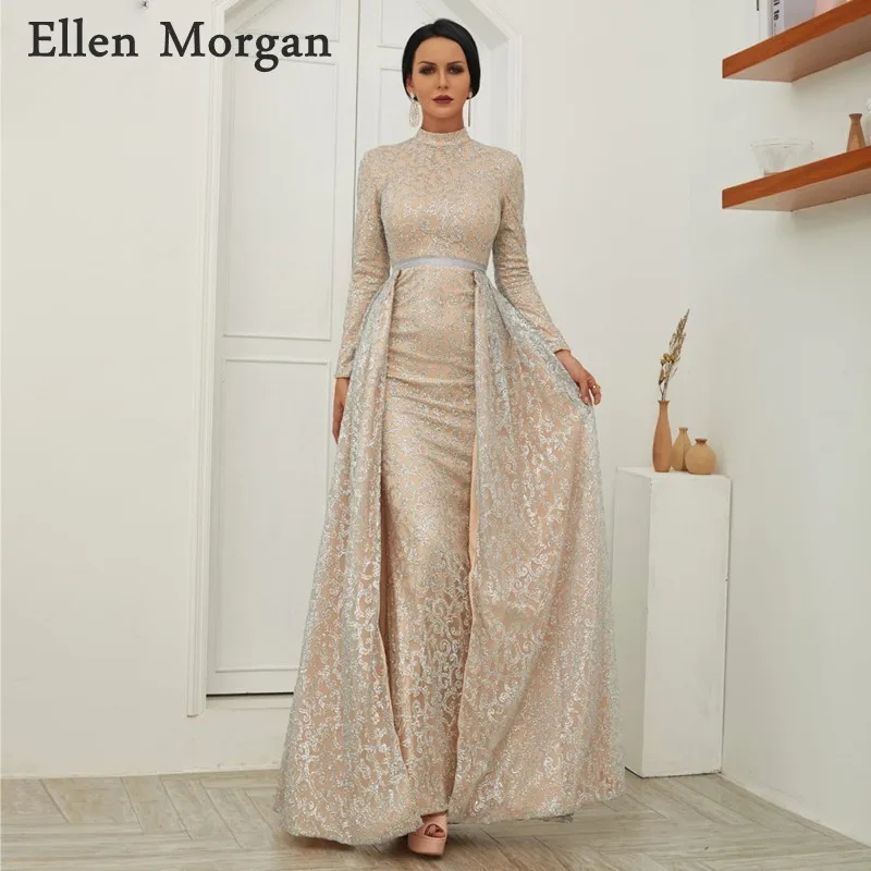 

Arabic Muslim Moroccan Mermaid Evening Dresses Party Elegant for Women Long Sleeves High Neck Detachable Skirt Formal Gowns 2019