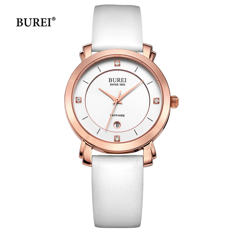 

BUREI Women Gold Silver Watch Waterproof Leather Bracelet Ladies Diamond Quartz Wrist Watch Calendar Clock Saat Relogio Feminino