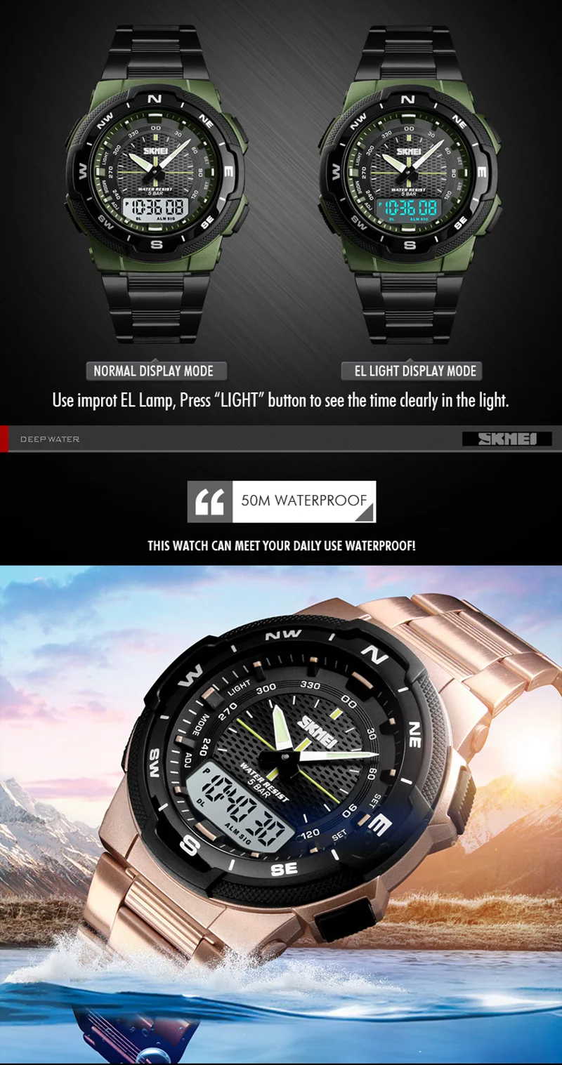 Sports Watches Top Brand Fashion Quartz Watches Men Steel Business Waterproof Led Digital Watch Male Clocks reloj hombre SKMEI -