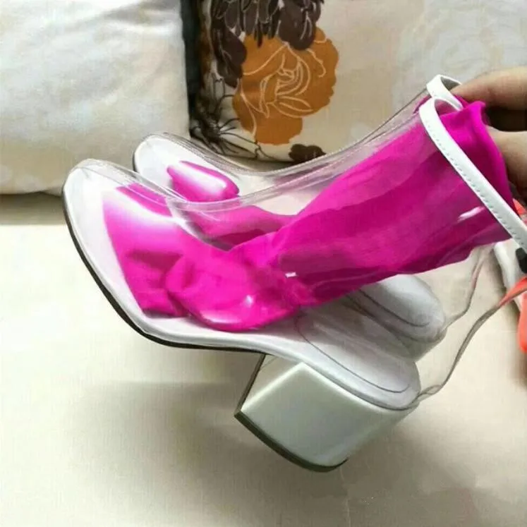 

Autumn 2018 Transparent Shoes Woman Round Toe Orange Rosy Red Blue Black White Sock Heel Boots Woman Pvc Crystal Ankle Boots
