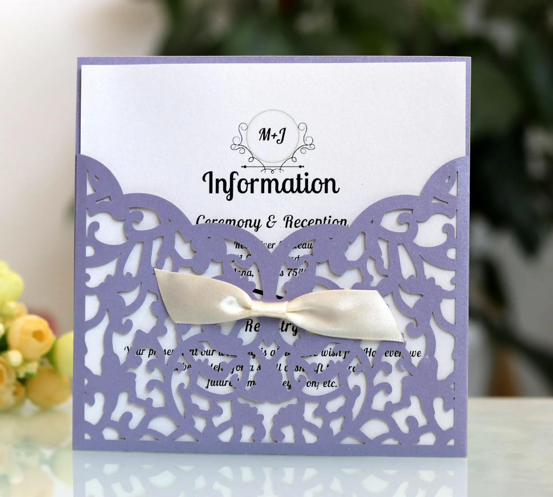  10PCS European style Laser Cut Flower with Bowknot Wedding Invitations Cards Lace Pocket Greeting C - 32909876998