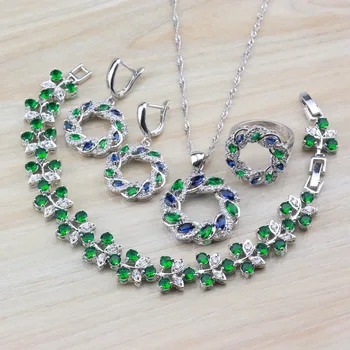 

Hollow Circle Women Costume Jewelry Sets Silver Color Green Blue Zircon Necklace And Earrings Handsel Jewelry Box