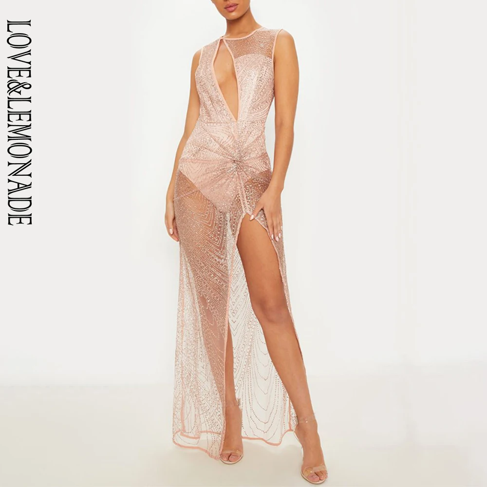 LOVE & LEMONADE сексуальное Макси платье из розового золота с наклеенными блестками