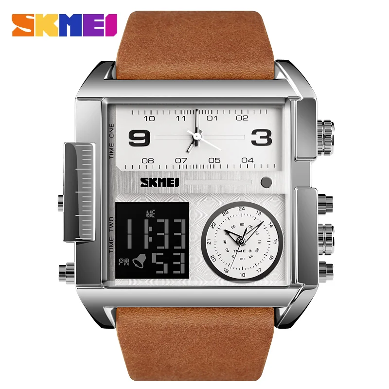 SKMEI часы мужские спортивные часы Топ люксовый бренд военные часы Мужские кварцевые аналоговые цифровые часы мужские s Relogio Masculino - Цвет: Silver Brown Belt