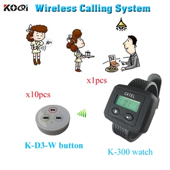 

wireless digital numbers for tables restaurant with digital coaster beeper button buzzer ( 1 watch pager +10 table bell button)