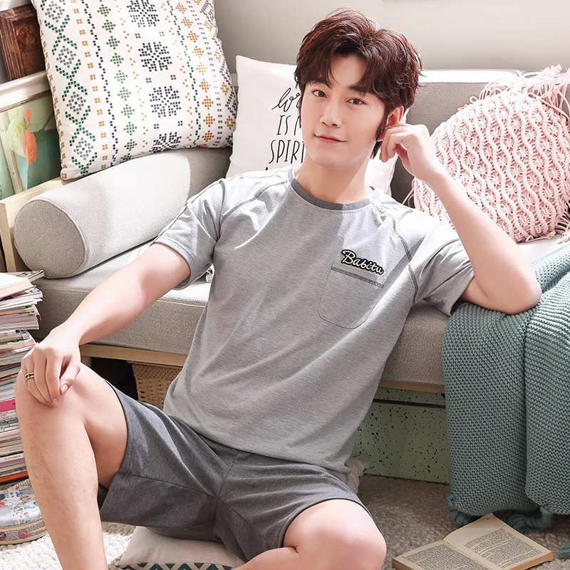 

Pajamas Men 4XL Summer 2019 Cotton Pajamas Sleeping Suits for Men Pullover Top+ Shorts 2 Pcs Solid Grey Leisure Home Clothes Men