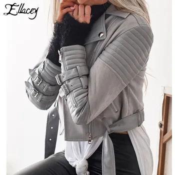 

Ellacey Turn-down Collar Leather Jacket Women Fashion Patchwork Gothic Biker Jacket Black Gray PU Women's Leather Jackets